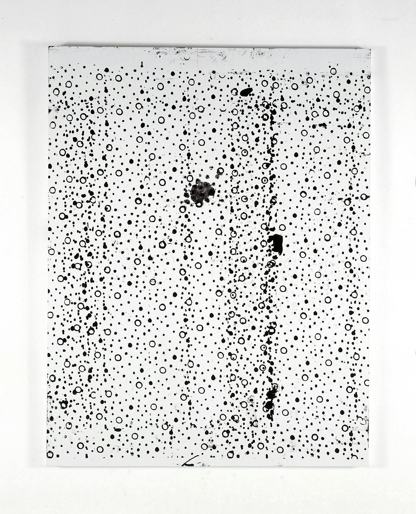 An image of a vertically oriented painting; the background is white and across the surface is a black pattern of dots and circles with irregularities and splotches.