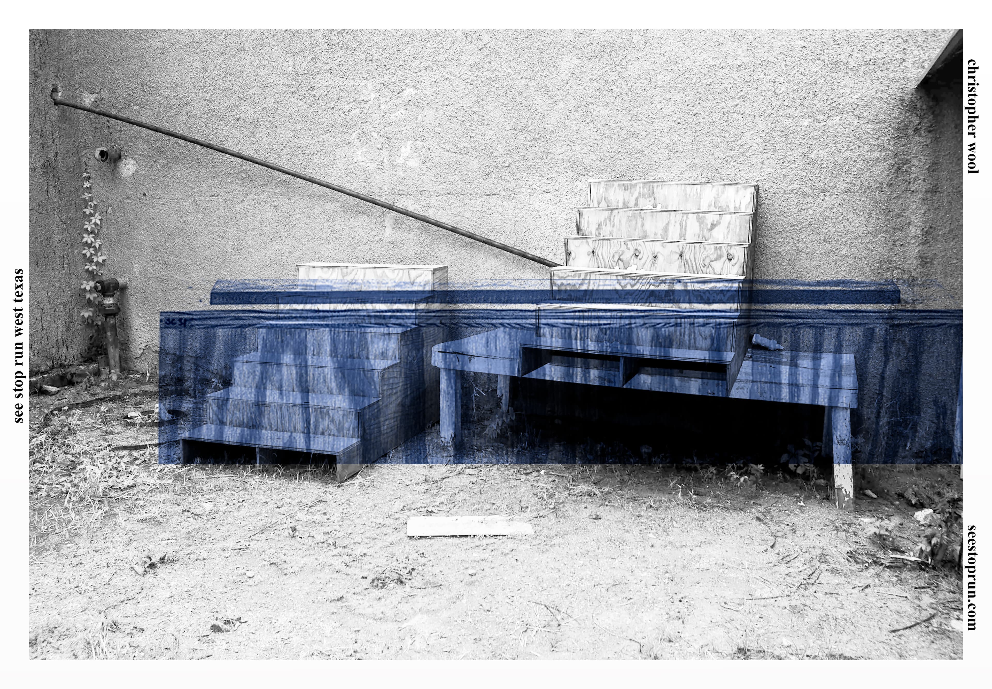 A two-tone image of a horizontally oriented exhibition poster. A black and white wire sculpture is superimposed on a black and white exterior showing two telephone poles.